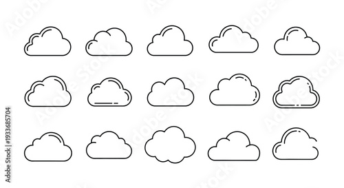 A versatile collection of minimalist cloud outline icons is presented on a clean white background, ideal for various digital designs, illustrating concepts like data storage, network services, weather