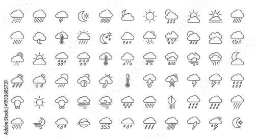 Collection of minimalist black and white line art icons representing various meteorological conditions including sun rain snow wind clouds lightning and temperature changes for digital design projects