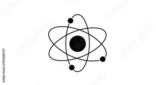 Simple black and white atomic structure icon representing subatomic particles orbiting a central nucleus in a classic stylized Bohr model design for science concepts