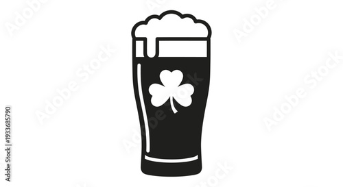 Black and White Illustration of Beer Glass with Shamrock Design