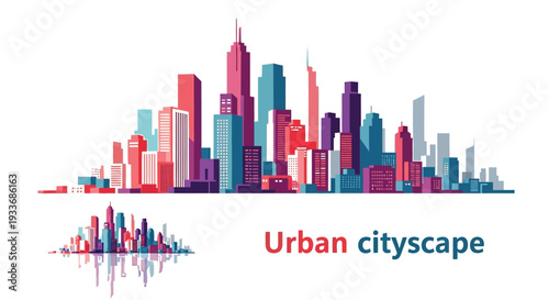 A vibrant and modern vector illustration showcasing a dynamic urban cityscape with a diverse array of tall buildings and skyscrapers in a striking palette of blues, reds, purples, and pinks, perfect f