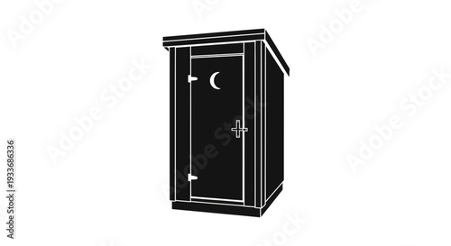 Minimalist graphic illustration of a classic outhouse with a crescent moon cutout on its wooden door