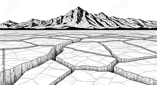 Dramatic monochrome illustration of a cracked earth landscape leading to a formidable mountain range