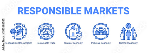 Responsible Markets web banner icon concept, with Responsible Consumption, Sustainable Trade, Circular Economy, Inclusive Economy.