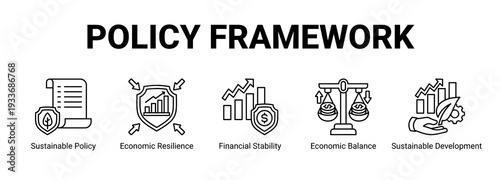 Policy Framework web banner icon concept, with Sustainable Policy, Economic Resilience, Financial Stability, Economic Balance.