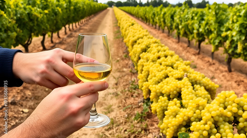 Tasting of Cognac strong alcohol drink in Cognac region, Charente with rows of ripe ready to harvest ugni blanc grape on background uses for spirits distillation, France