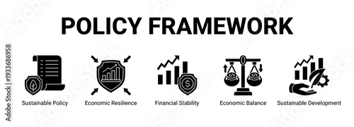 Policy Framework web banner icon concept, with Sustainable Policy, Economic Resilience, Financial Stability, Economic Balance.