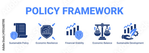 Policy Framework web banner icon concept, with Sustainable Policy, Economic Resilience, Financial Stability, Economic Balance.