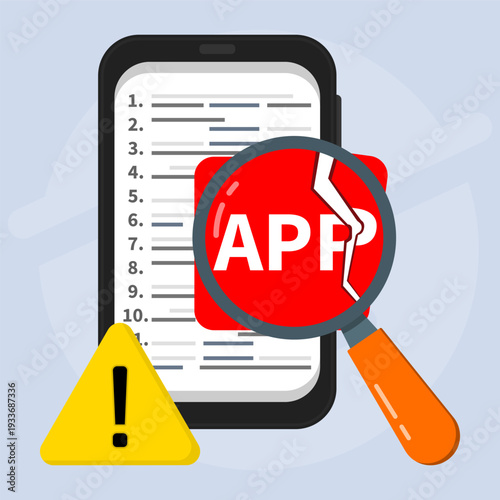 Mobile app error detected with magnifying glass and warning sign on smartphone screen, symbolizing software bug, security risk and application troubleshooting