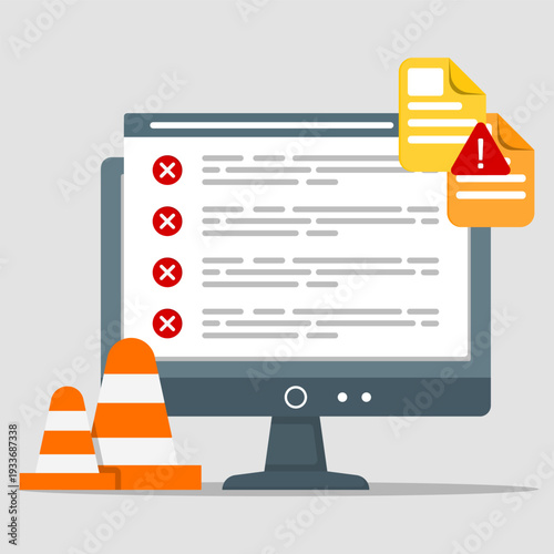 Computer screen with error messages, warning icons and traffic cones, symbolizing system failure, technical problem, software bug and cybersecurity alert.