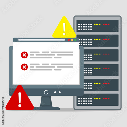 Server failure with error messages and warning alerts on computer screen, symbolizing system crash, network problem, cybersecurity risk and data center downtime.