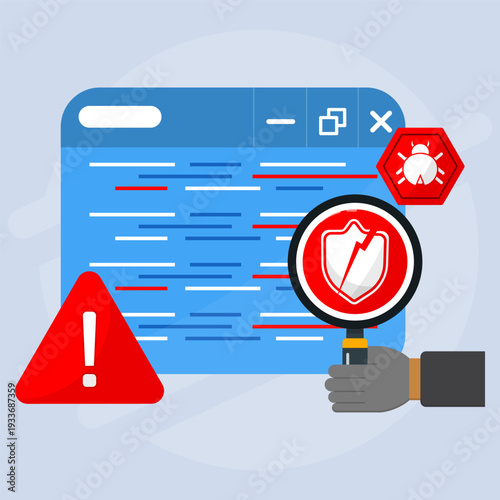 Cybersecurity scan detecting malware and vulnerabilities on computer screen with warning sign and shield icon, symbolizing data protection and threat analysis.