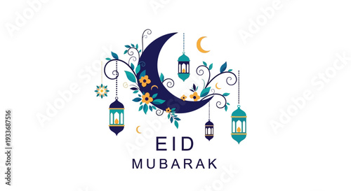 Beautiful Eid Mubarak illustration with crescent moon, floral elements, and lanterns, celebrating Islamic festival