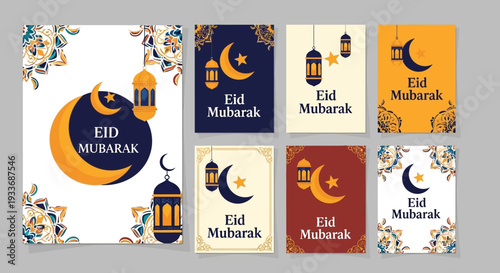 Beautiful Eid Mubarak greeting cards with moon and lantern motifs for celebrations and festive occasions