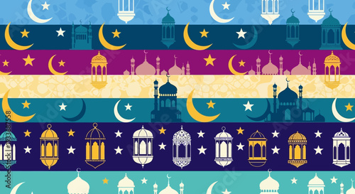 Festive Islamic Ramadan decorative background with mosque silhouettes and crescent moons