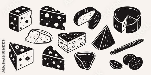 Assorted cheese illustrations in black and white various shapes and textures