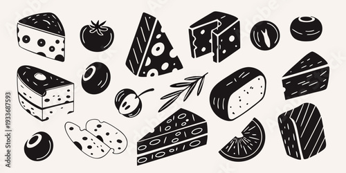 Stylized illustration of various cheeses olives and a tomato