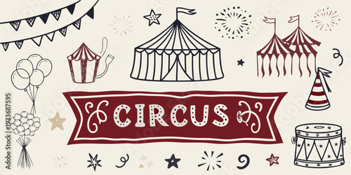 A festive circus illustration with tents balloons and celebratory elements