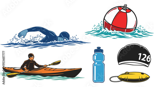 Swim vector illustration set with swimmer, kayak, and pool accessories