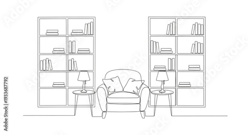 Simple Line Drawing of Bookshelves and Chair.