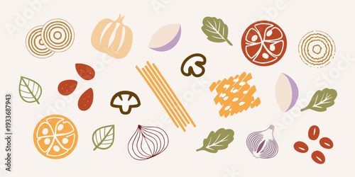 A colorful arrangement of illustrated fruits vegetables and pasta shapes
