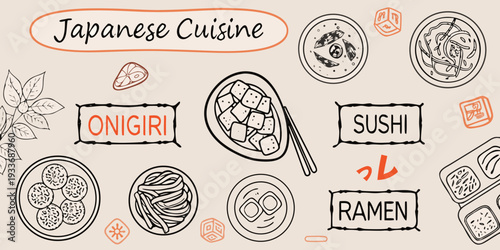 An illustrated collection of popular japanese cuisine dishes and ingredients