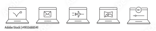 Minimalist Laptop Line Icons Set: Web Development, UI/UX Design, Travel, and Business Concepts