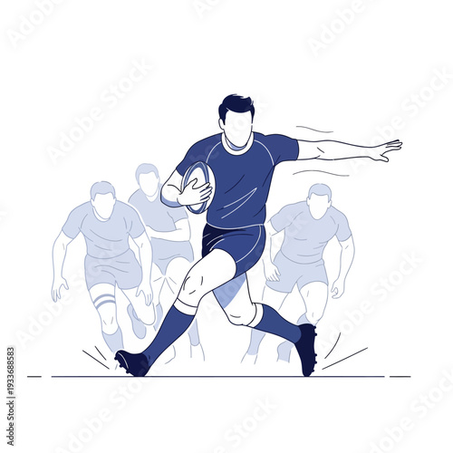 Rugby player running with ball, opponents chasing, dynamic action, sport illustration