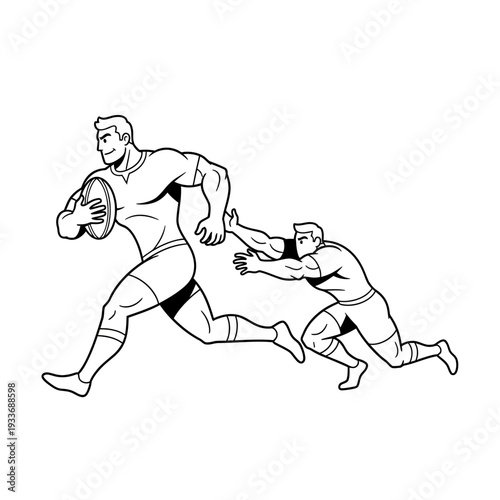 Rugby player running with ball, tackled by opponent, black and white illustration