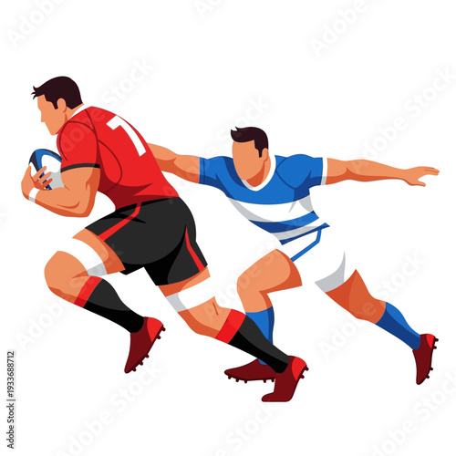 Rugby players competing, one running with ball, other tackling, dynamic action illustration