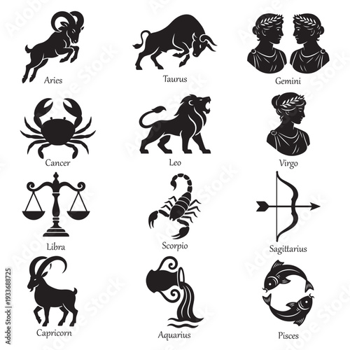 12 Zodiac signs silhouettes vector illustration