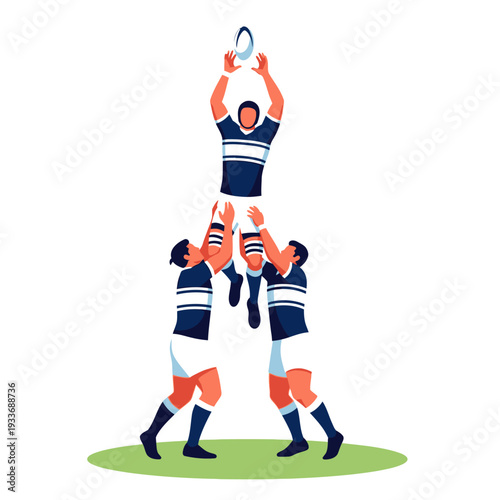 Rugby players in a lineout, one player jumping to catch the ball