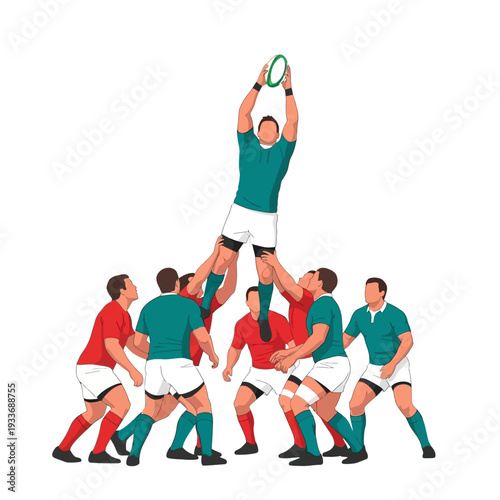 Rugby players in a lineout, one player jumping high to catch the ball.
