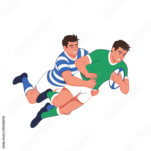 Rugby players in action: tackling and running with ball, sport illustration