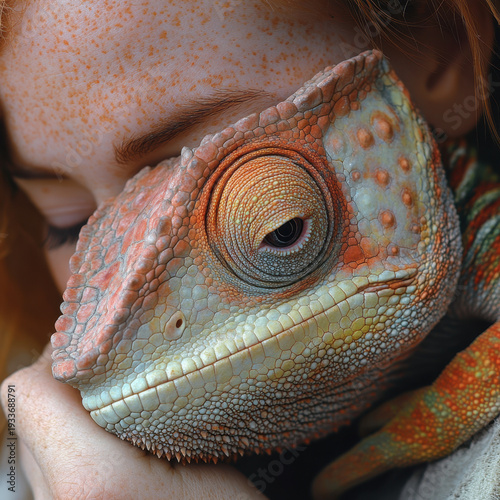 Woman holding lizard in hands.