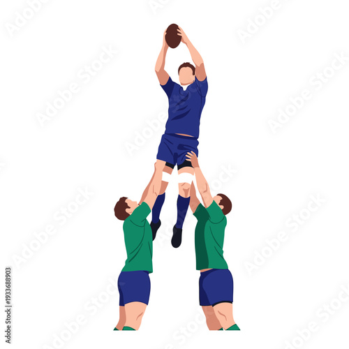 Rugby players in blue and green uniforms competing for ball during lineout