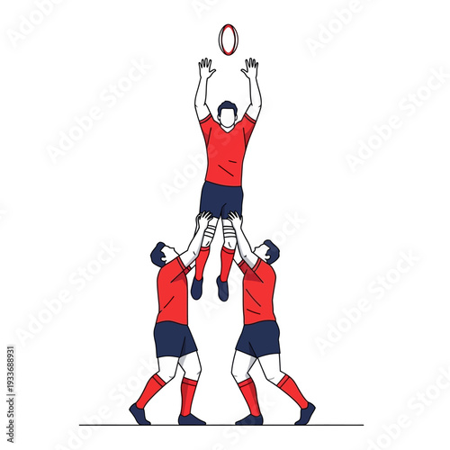 Rugby players in red shirts lift teammate to catch ball during lineout