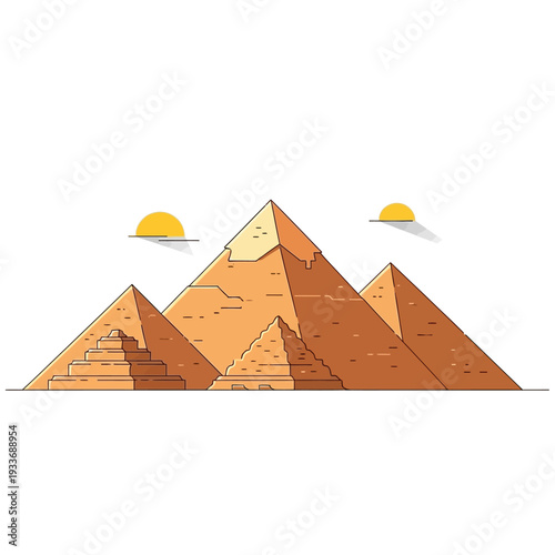 Flat Design Egyptian Pyramids and Sun Icon Illustration