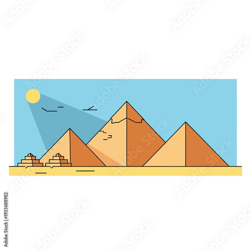 Flat design illustration of Egyptian pyramids under a bright sun and blue sky