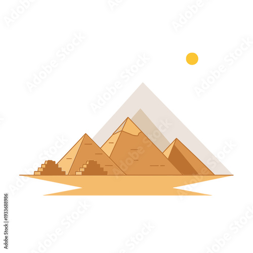 Flat design illustration of Egyptian pyramids under a bright sun, minimalist geometric style