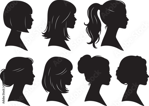 Collection of diverse female silhouette hairstyles showcasing different looks, from short bobs to elegant updos, perfect for beauty and fashion concepts