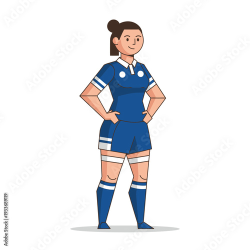 Cartoon Female Rugby Player Standing Confidently in Blue Uniform