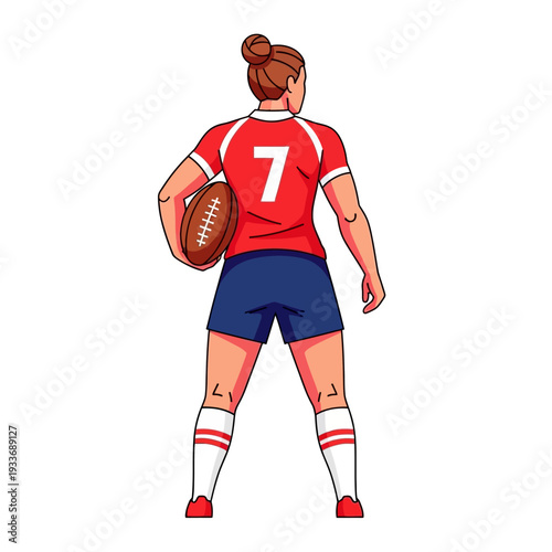 Woman rugby player with ball, back view, athletic sportswear, team sport illustration