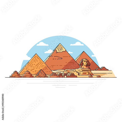 Great Pyramids of Giza and Sphinx illustration, ancient Egyptian landmark, flat design style.