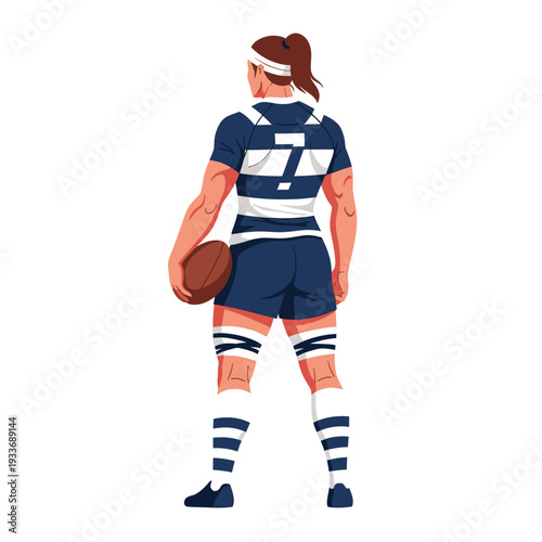 Female Rugby Player Holding Ball, Athletic Woman in Uniform, Sport Concept