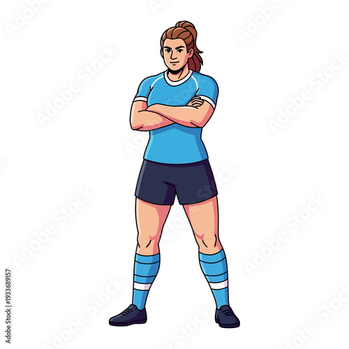 Confident Female Athlete in Blue Uniform, Arms Crossed, Ready for Competition