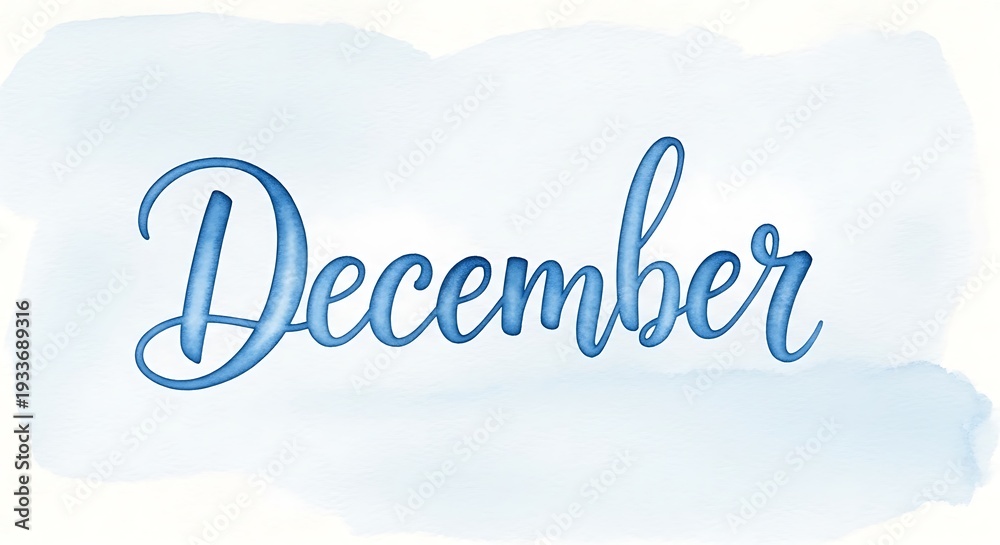 Fototapeta premium A beautifully written word december in a cursive font on a light blue background.