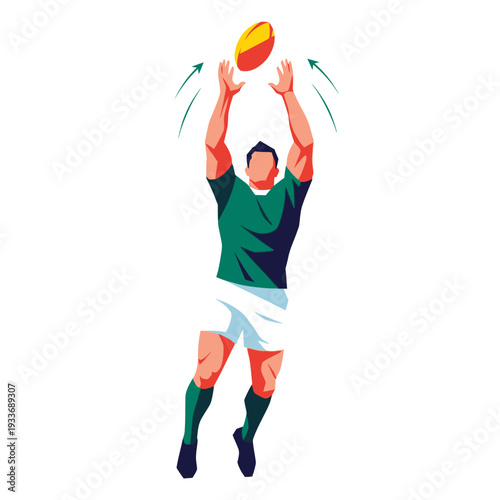 Rugby Player Catching Ball Mid-Air, Action Sport Illustration