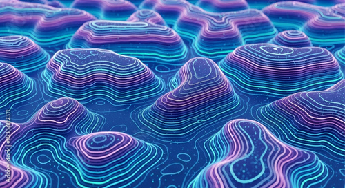 Abstract Topographic Landscape with Neon Contour Lines.