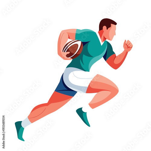 Rugby player running with ball during game, dynamic action illustration